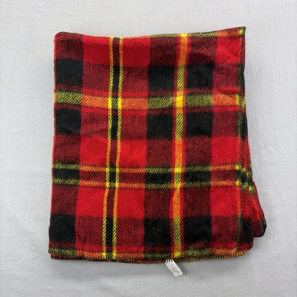 Vintage Red Black Plaid Throw Blanket 84x46 Acrylic Made USA Camp Cabin